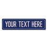 A dark blue rectangular metal street sign with the text YOUR TEXT HERE engraved on it.