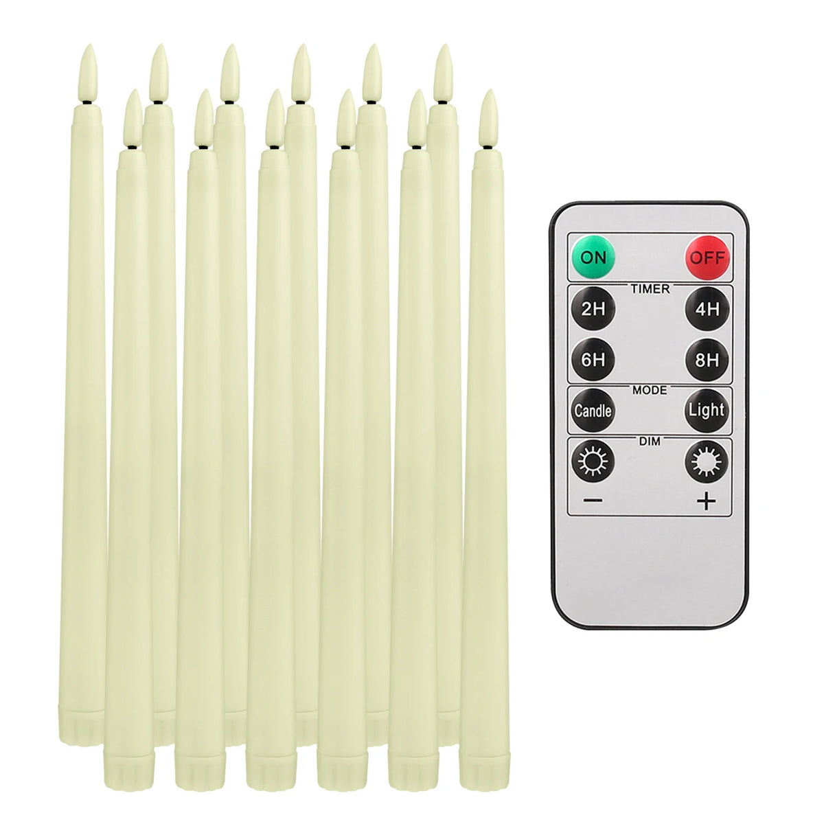 A set of cream-colored flameless LED taper candles and a remote control with timer and light settings.