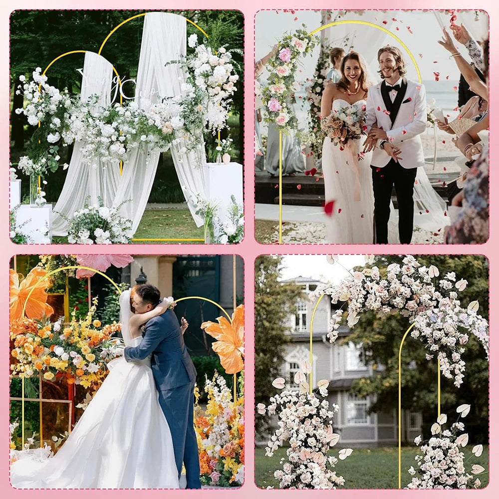 Vier Paneele, die elegante Metallbögen mit weißen und rosa Blumenarrangements für Party- oder Hochzeitsveranstaltungen zeigen