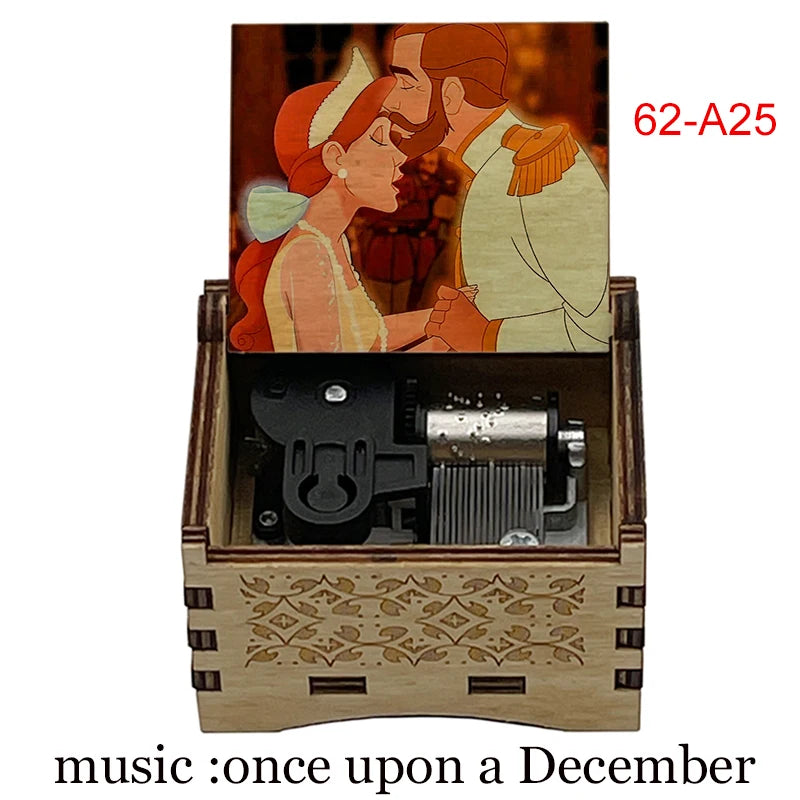 A hand-cranked wooden music box featuring a couple and decorative wood grain.