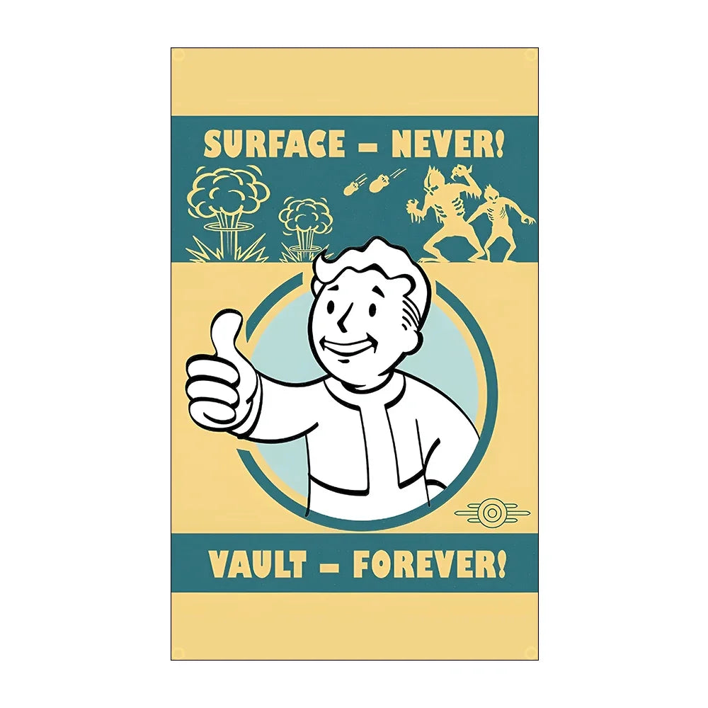 A banner featuring a cartoon character giving a thumbs up, with text saying Surface Never and Vault Forever.