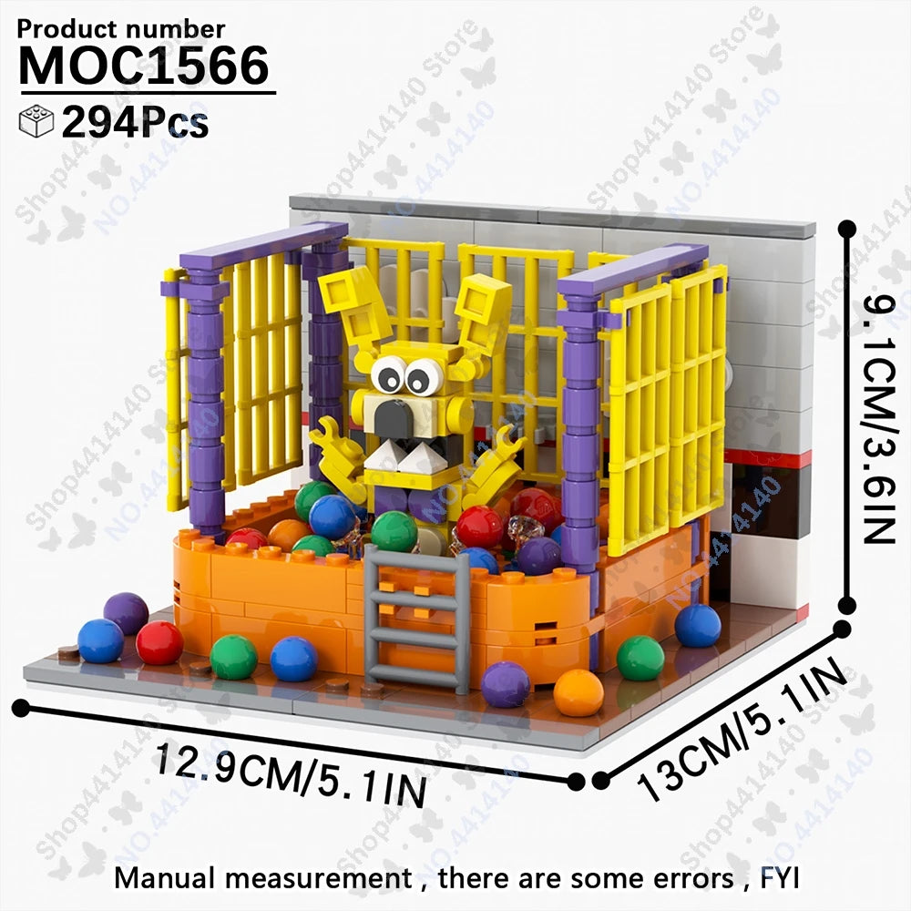 A yellow and purple Five Nights at Freddy's building block set model featuring a character inside a display box.