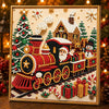 A detailed diamond painting featuring a vintage train and Santa figures adorned with pearls and gems, set in a gold frame.