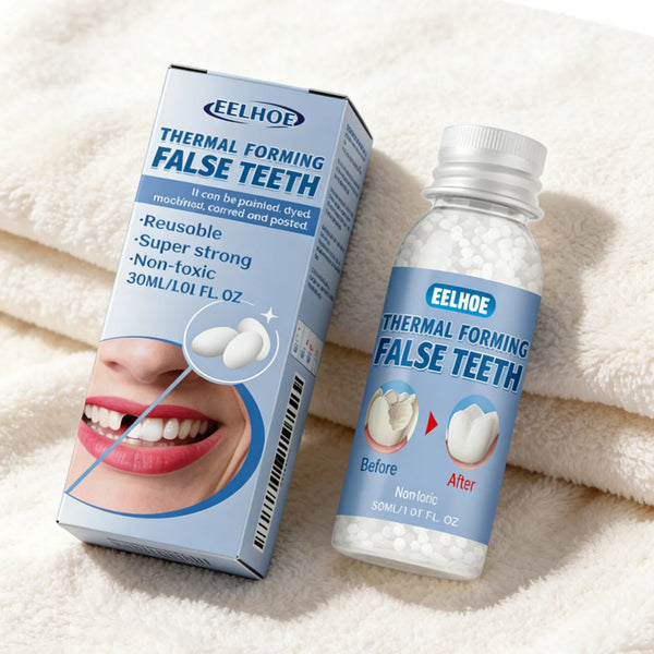 Box and bottle of thermal forming false teeth repair material for dental use