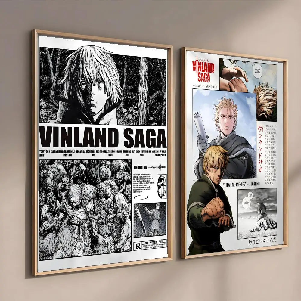 A framed poster featuring artwork from Vinland Saga with a dark, intense style.