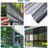 Black-silver privacy window film installed on a glass panel, showing before and after results.