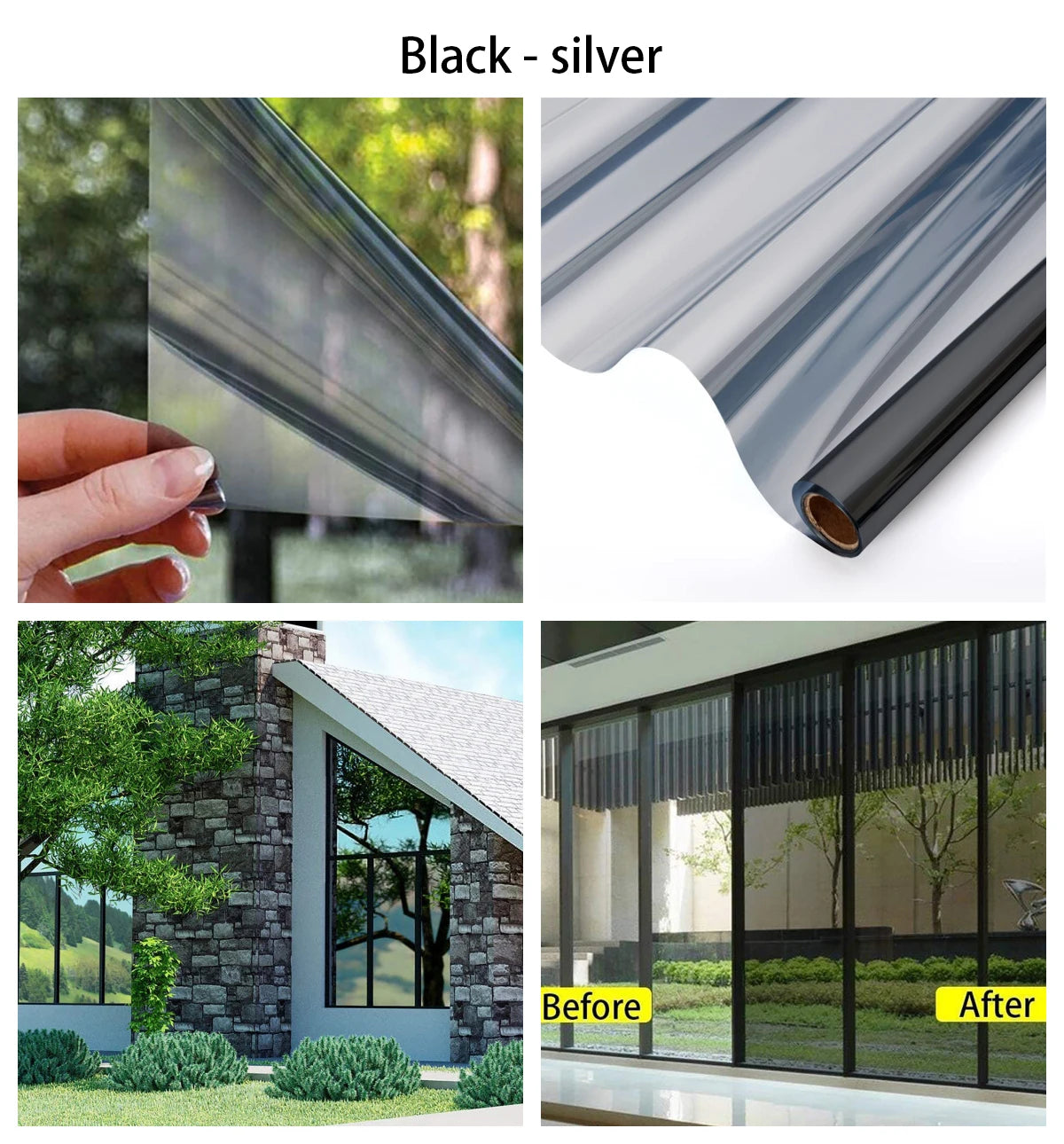 Black-silver privacy window film installed on a glass panel, showing before and after results.