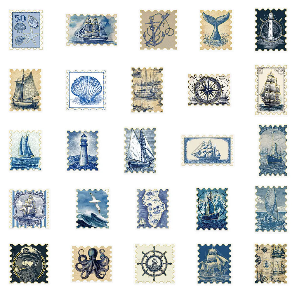 A collection of 16 decorative stickers featuring nautical themes like ships, anchors, lighthouses, and sea motifs.