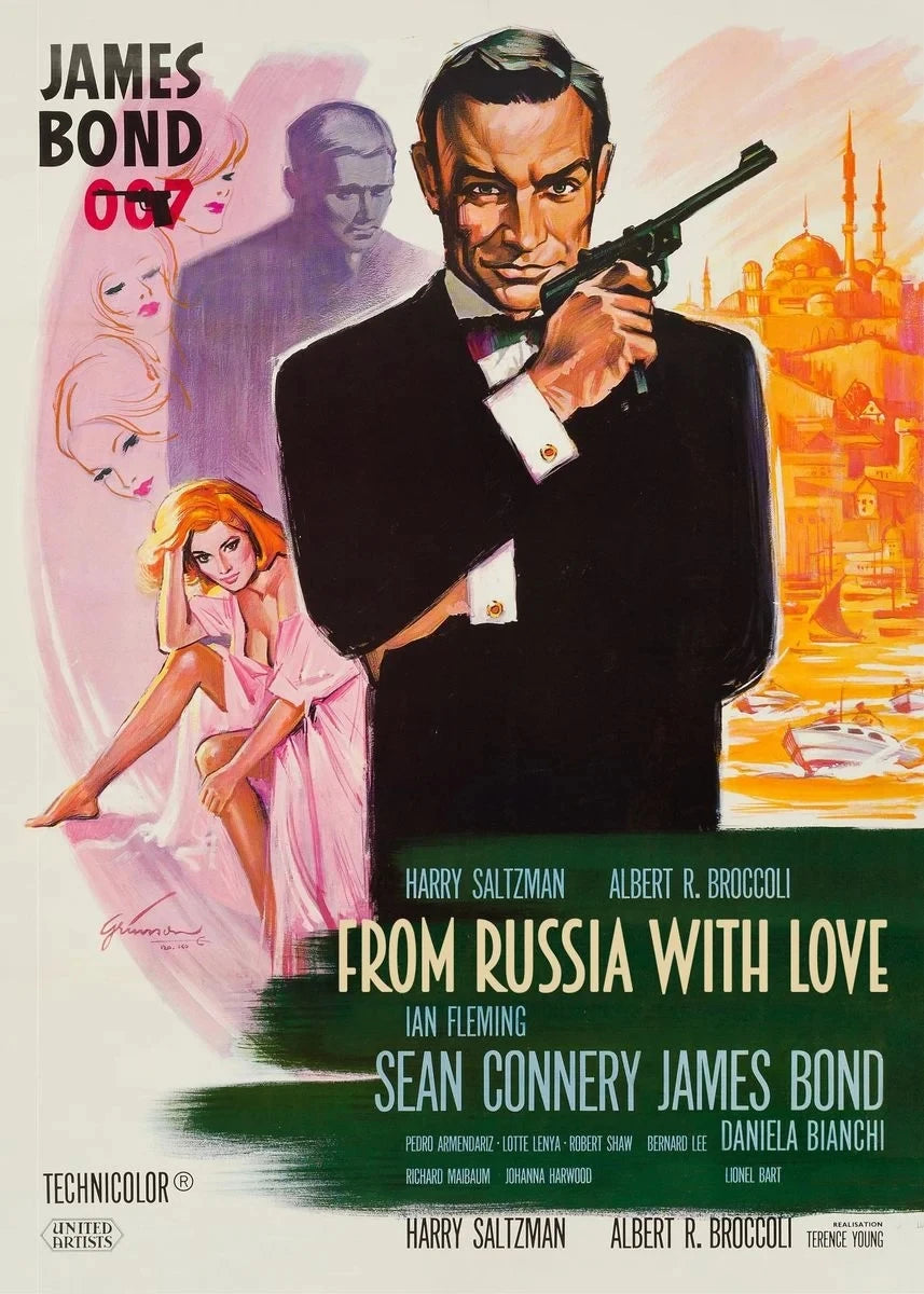 A vintage cinema art poster featuring James Bond 007 and a woman, with the title From Russia with Love.