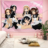 A wall tapestry featuring five anime girls in maid outfits against a pink background.
