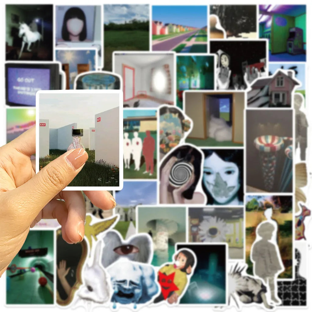 A collage of various aesthetic acidic dreamcore graffiti stickers featuring abstract designs and figures