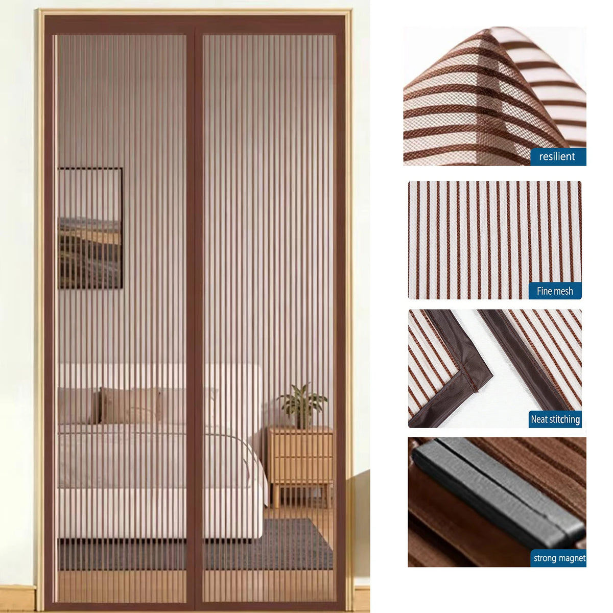 A wooden screen door with vertical slats and a magnetic glass panel, showing various mesh and stitching details.