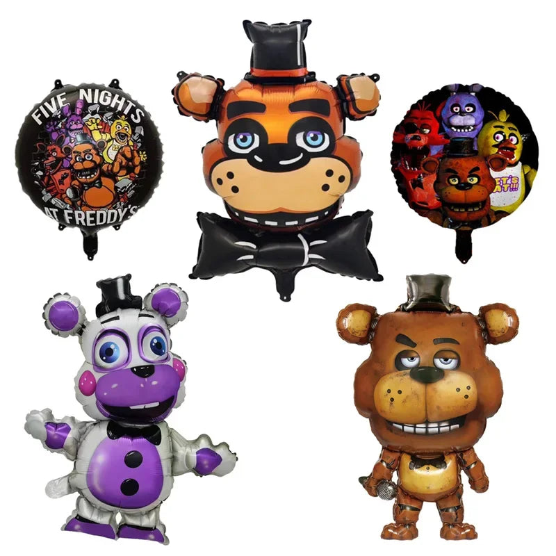 A collection of themed foil balloons featuring characters like Freddy Fazbear and a bear.