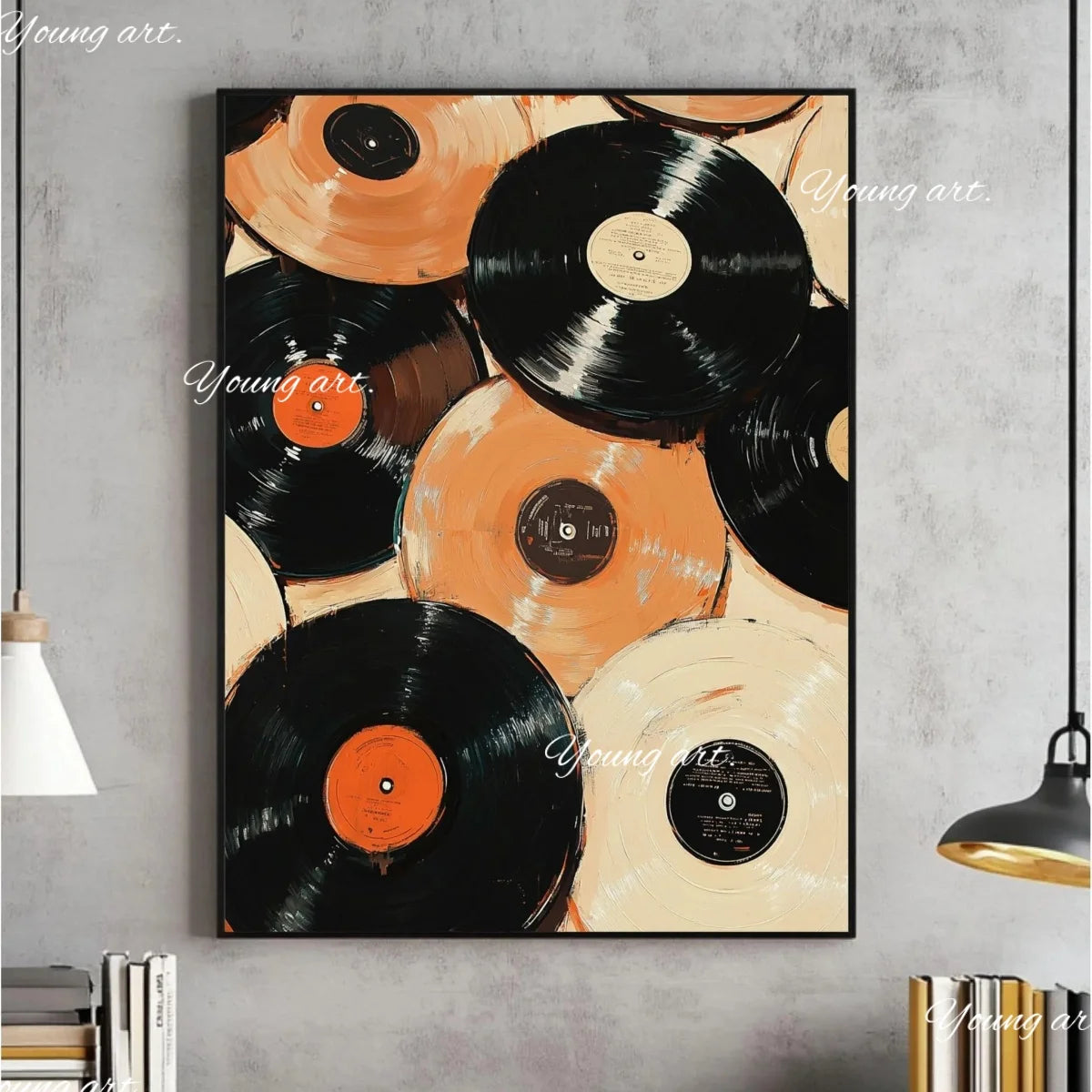 A framed canvas art print featuring a collage of black and orange vinyl records on a gray wall.