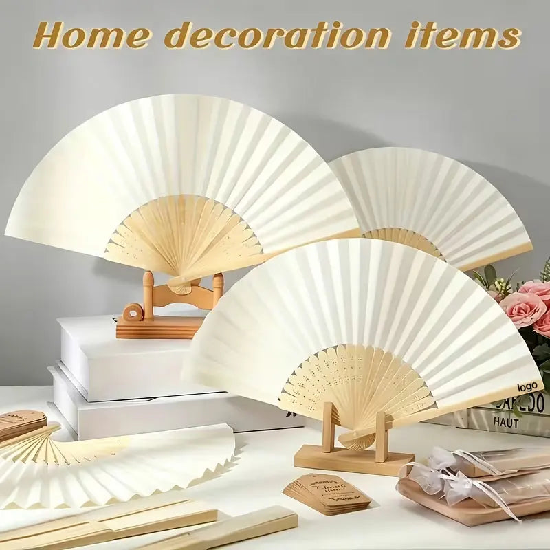 A display of light beige bamboo folding fans used for home decoration and calligraphy
