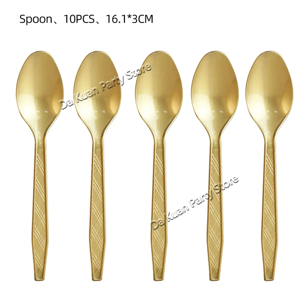 Set of 10 gold spoons with textured handles for a gender reveal banner or baby shower decoration