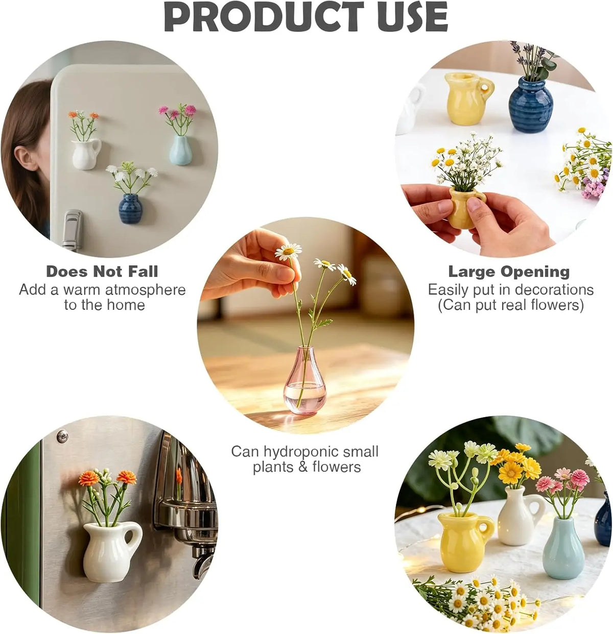 Mini ceramic fridge magnets used for decorating and holding small plants or flowers.