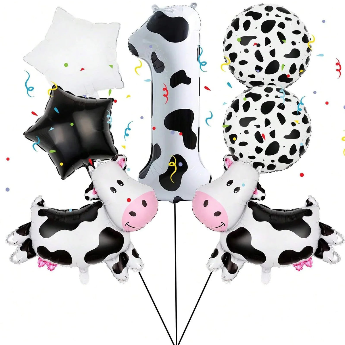 A set of cow print balloons including a number balloon, a black star balloon, and several white and black spotted balloons.