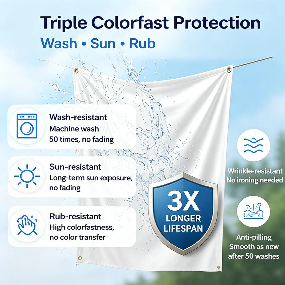 A white fabric flag banner is shown being protected by triple colorfastness against wash sun and rub.