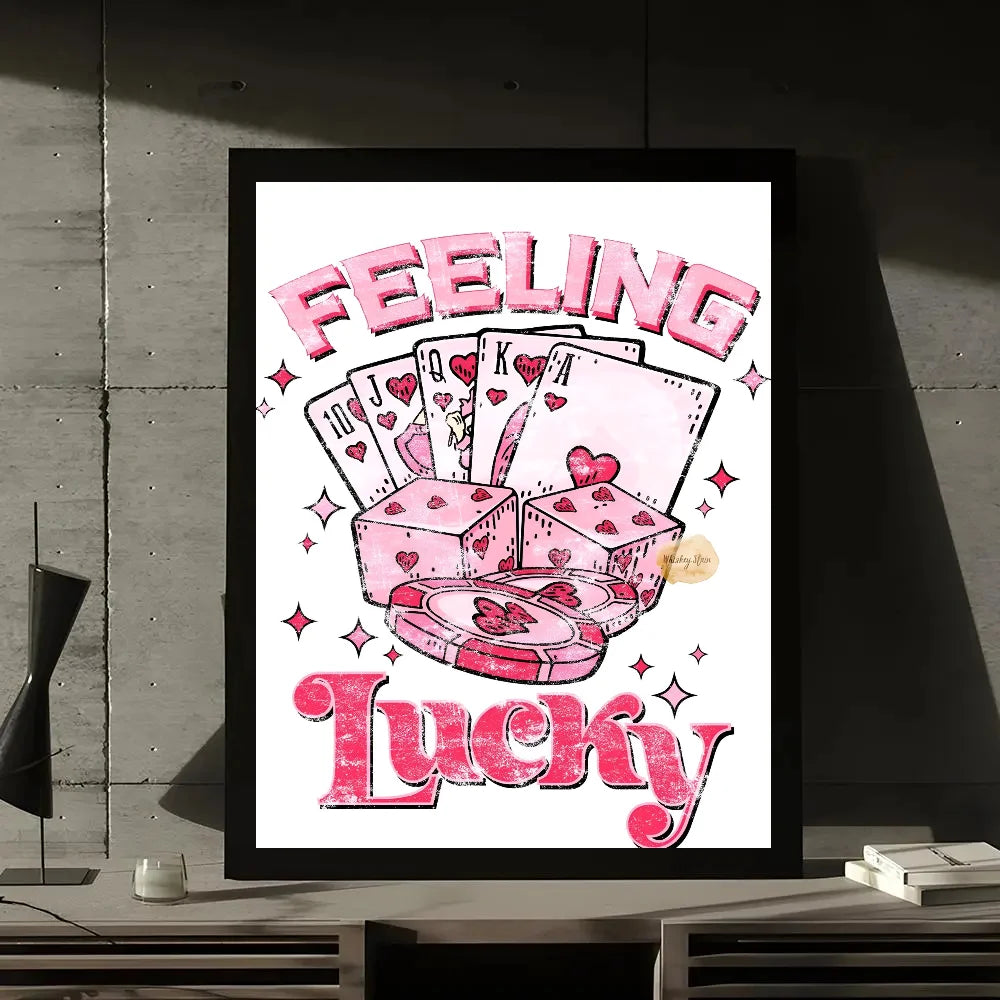 Pink typography art print featuring the words FEELING LUCKY with hearts and playing cards