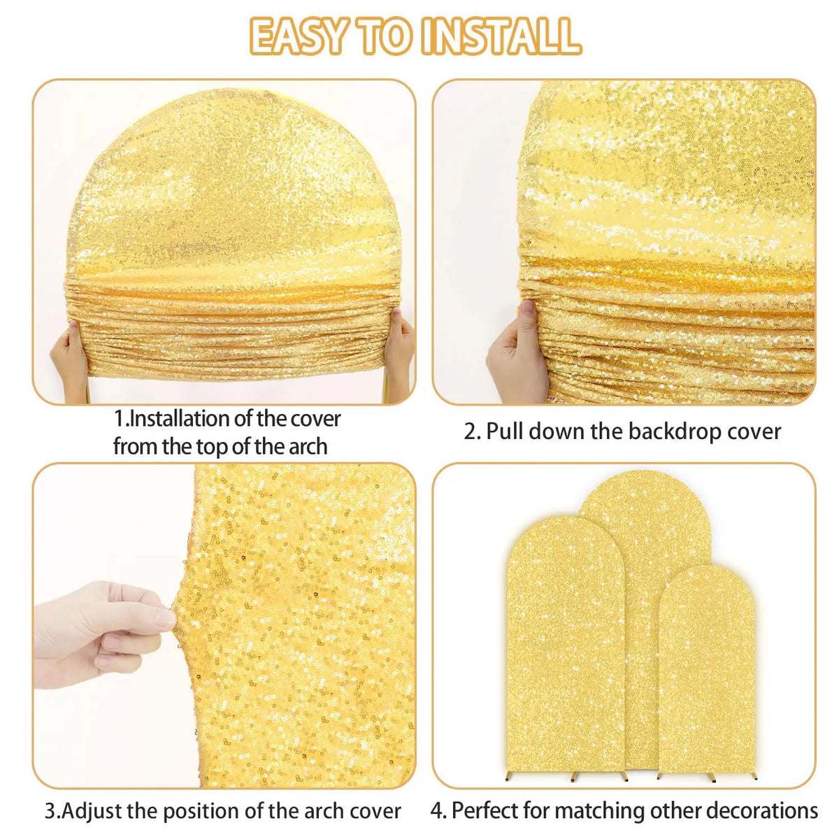 Instructions showing how to install and adjust a golden sequin arch backdrop for events