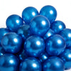 A close-up view of a set of shiny blue chrome metallic balloons clustered together.
