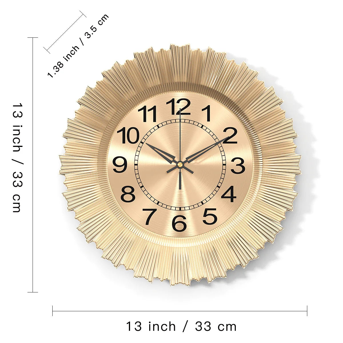 A round, rose gold wall clock with a sunburst design and Roman numerals on a white background.