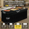 Black elastic fitted spandex tablecloth suitable for a standard 6 foot table with dimensions of 72L x 30W x 30H