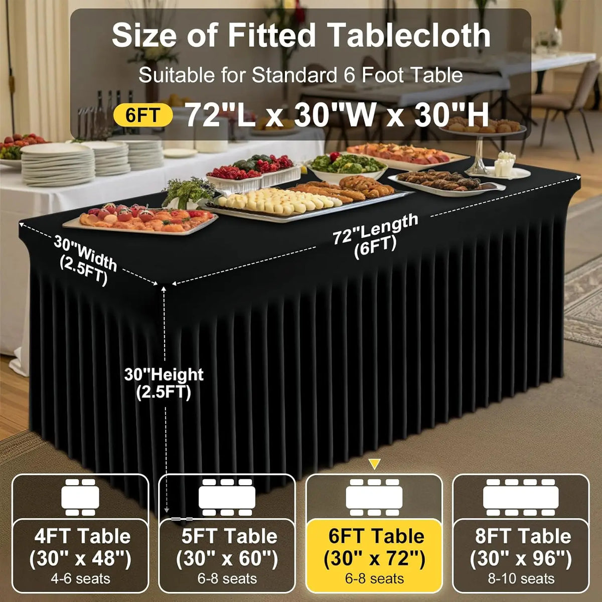 Black elastic fitted spandex tablecloth suitable for a standard 6 foot table with dimensions of 72L x 30W x 30H