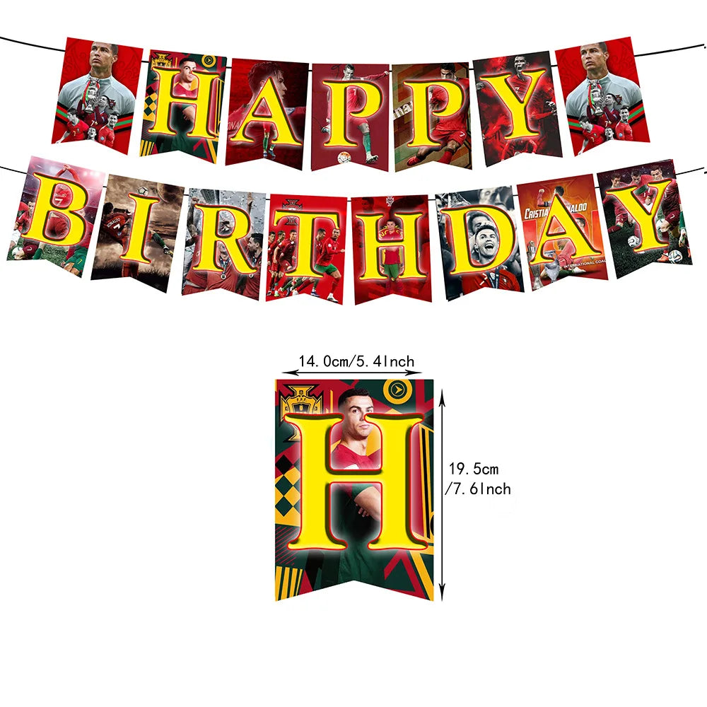 A banner decoration kit featuring soccer player Cristiano Ronaldo's name and birthday message for a party.