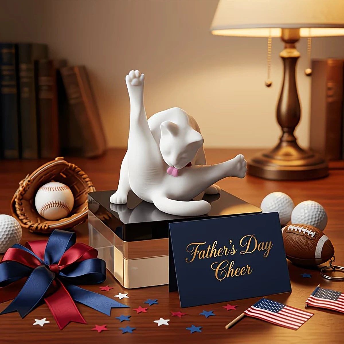 Una figura de gato blanco se exhibe en una mesa de madera con decoraciones patrióticas para festejar el Día del Padre.
