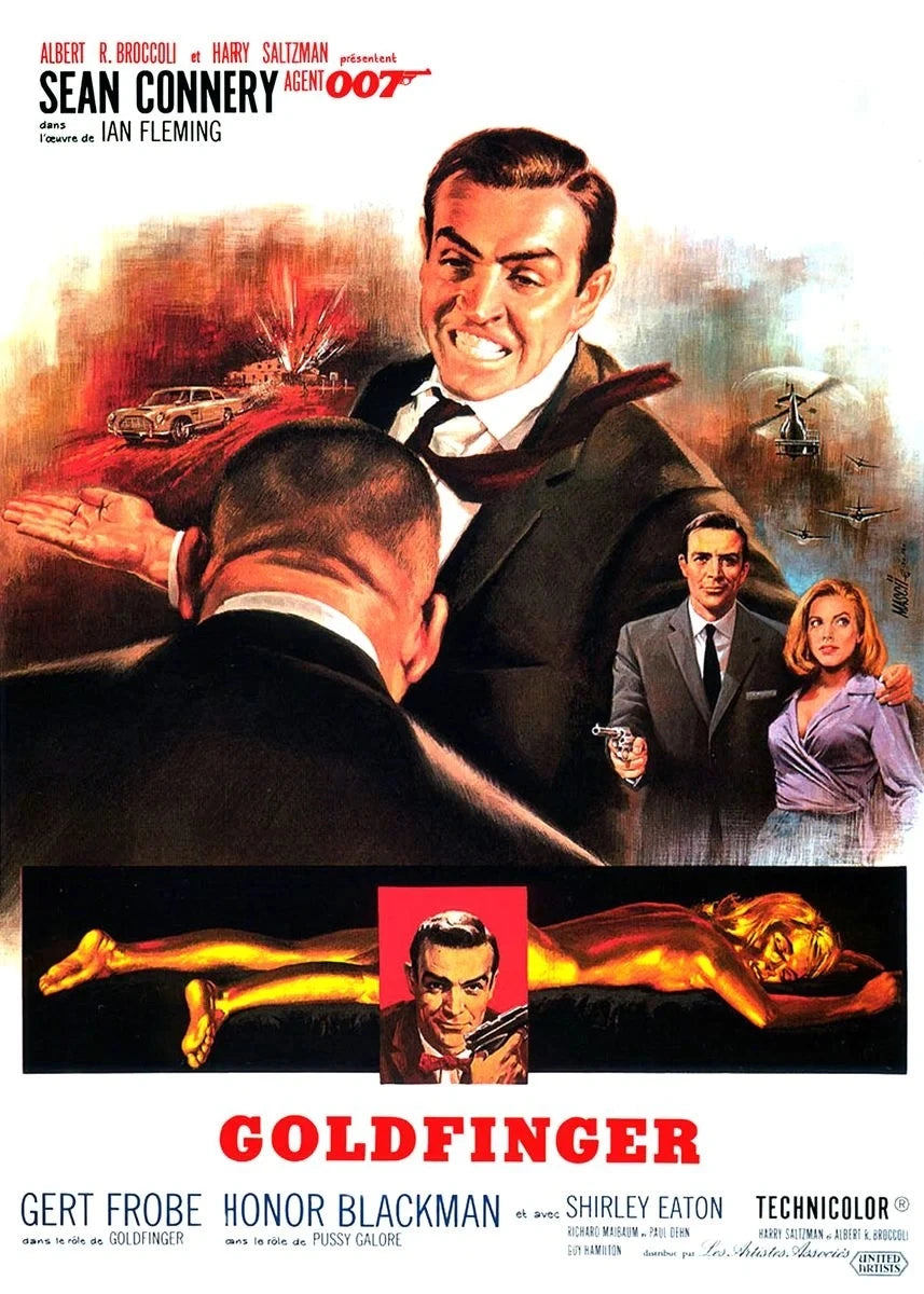 Vintage cinema art poster for Goldfinger featuring actors and dramatic scenes.