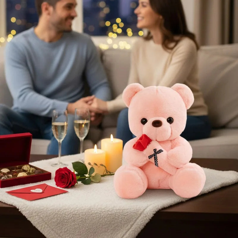 A pink rose bear plush toy sits on a white cloth next to a red envelope and roses.