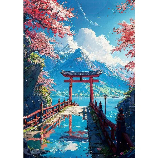A vibrant painting of a Japanese torii gate and a wooden bridge over blue water with pink cherry blossoms and mountains.