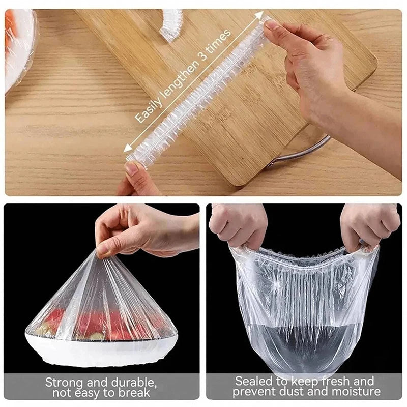 Hands demonstrate how to easily lengthen reusable elastic food covers three times for freshness and protection