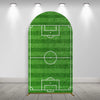 A green soccer field arch backdrop cover with white lines and a goal net mounted on a white wall.