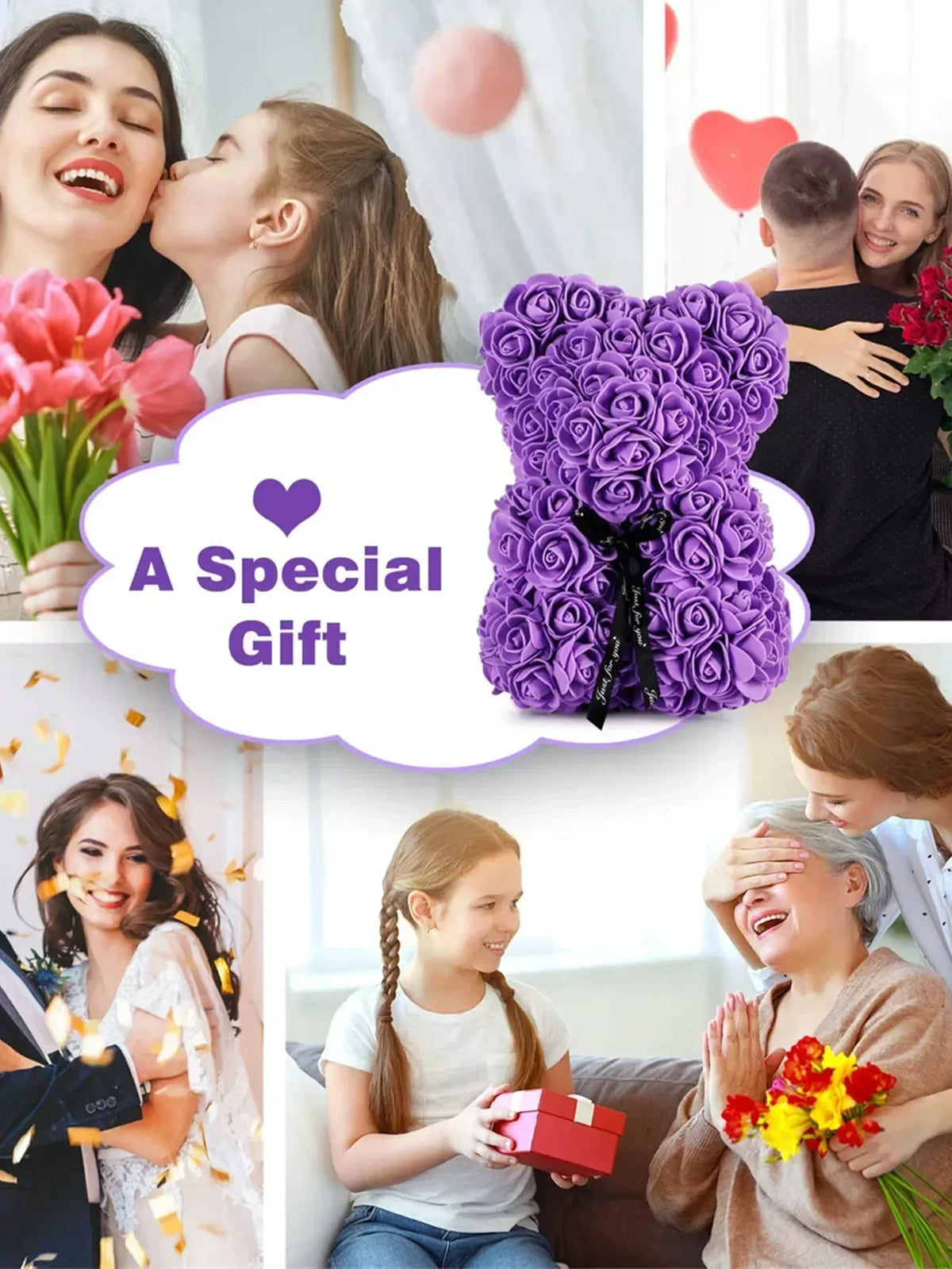 Lila künstlicher Rosen-Teddybär als Geschenk, umgeben von Darstellungen romantischer Gesten und Blumen-Dekoration.