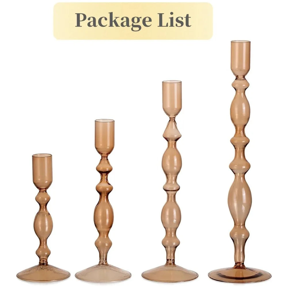 A set of three tapered glass candle holders with a wavy design in a warm amber tone.