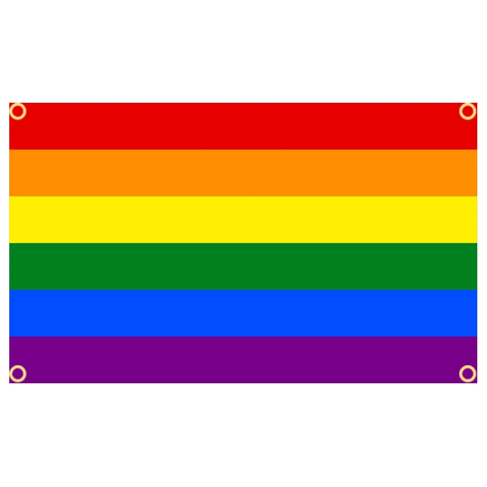 Bannière en tissu horizontal affichant les six couleurs du drapeau de la fierté : rouge, orange, jaune, vert, bleu et violet.