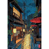 A vertical painting depicting a rainy street scene in an anime city with traditional Japanese architecture and lanterns.