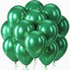 A cluster of glossy sage green latex balloons tied with green ribbons.