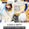 Dishwasher clean or dirty sign magnet showing a comparison between clean and dirty dishes in a kitchen setting