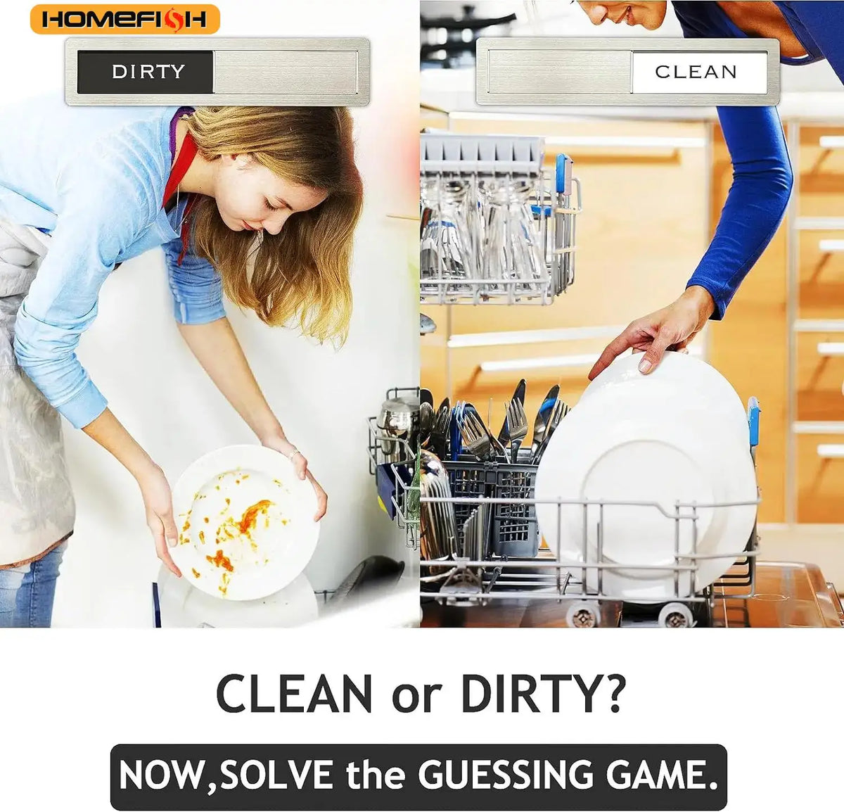 Dishwasher clean or dirty sign magnet showing a comparison between clean and dirty dishes in a kitchen setting