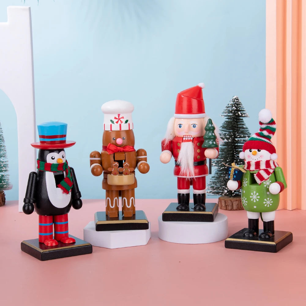 A set of wooden nutcracker soldier ornaments featuring characters in various festive winter attire.