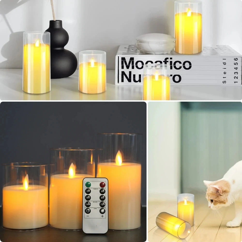A set of LED flameless candles with flickering flame effects displayed on a wooden surface.