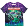 A purple Monster Jam Grave Digger graphic t-shirt featuring a detailed illustration of the vehicle and lightning effects.
