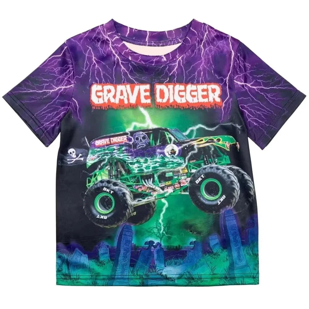 A purple Monster Jam Grave Digger graphic t-shirt featuring a detailed illustration of the vehicle and lightning effects.