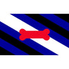 A flag design featuring diagonal stripes of blue, black, and white with a red horizontal bar.
