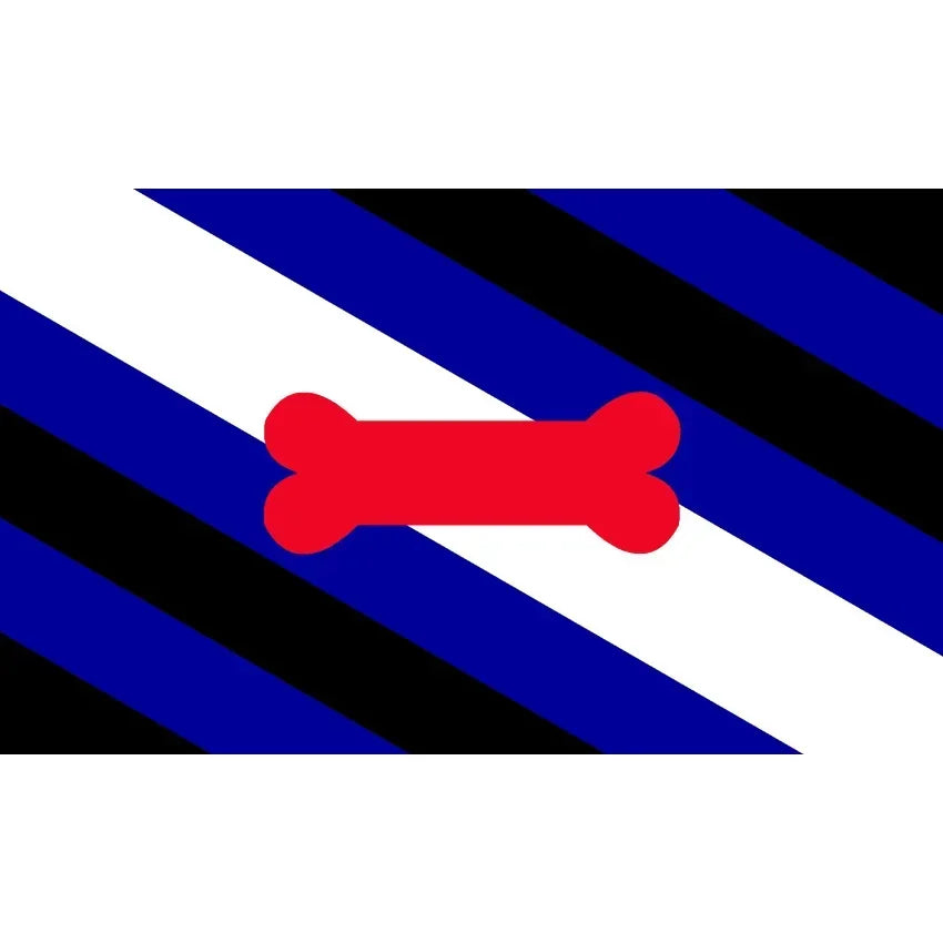 A flag design featuring diagonal stripes of blue, black, and white with a red horizontal bar.