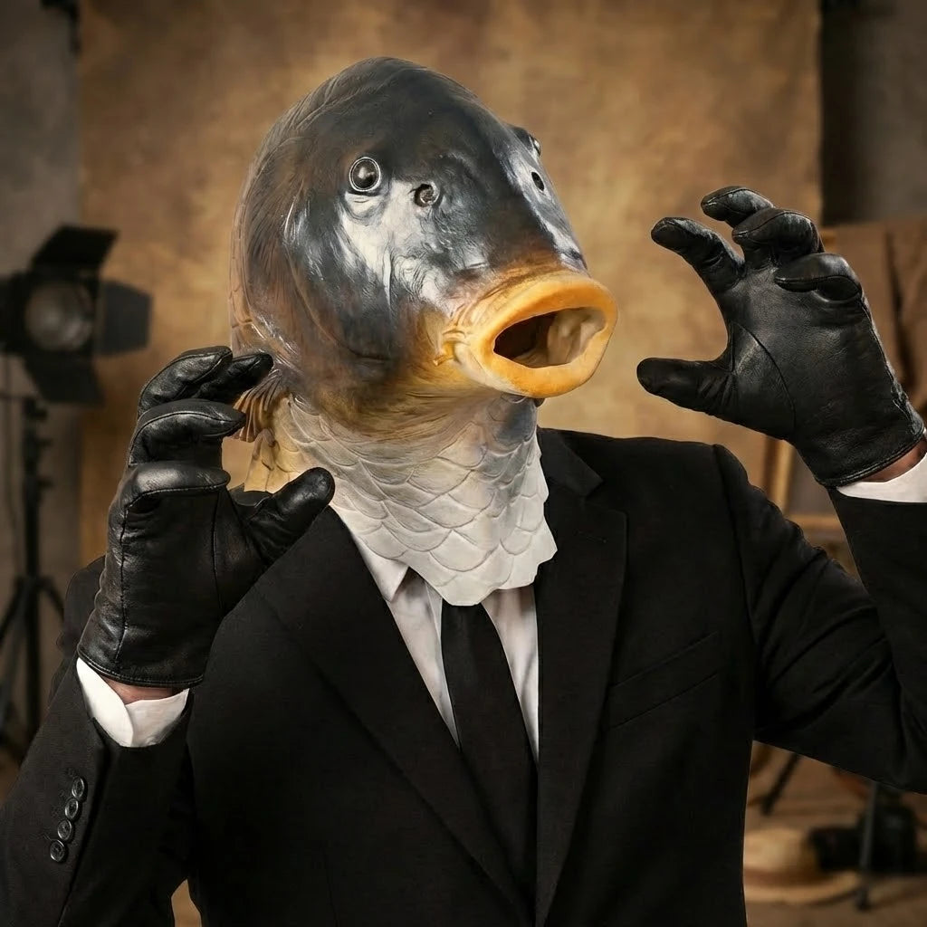 A person wearing a funny fish head latex costume mask and black suit jacket.